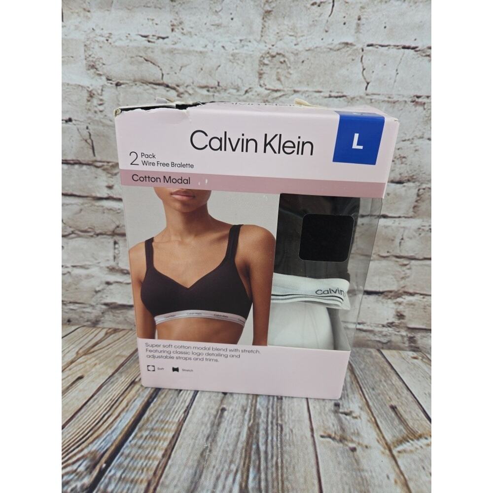 Calvin Klein Women's 2 Pack Wire Free Bralette, Black/White, Large